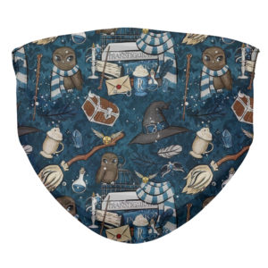 Harry Potter Wizard Tools Pattern Dark Blue with Owls and Brooms Face Mask