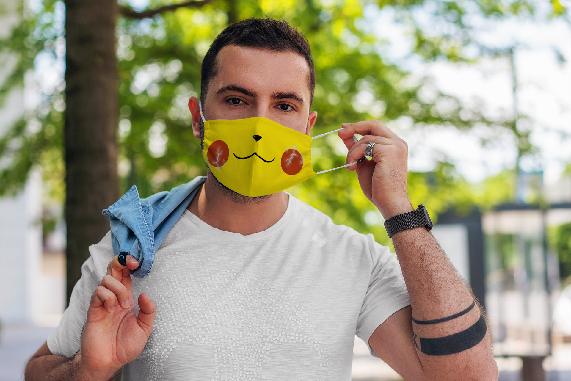 Cute Happy Yellow Electric Anime Character Gamer Nerd Geek Face Mask Cute Happy Yellow Electric Anime Character Gamer Nerd Geek Face Mask