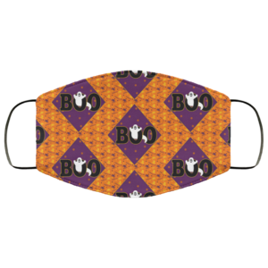 Halloween pattern with a ghost coming through the word Boo Face Mask