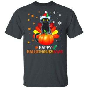 Black Cat Halloween And Merry Christmas Happy Hallothanksmas T-Shirt