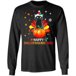 Black Cat Halloween And Merry Christmas Happy Hallothanksmas T-Shirt