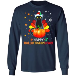 Black Cat Halloween And Merry Christmas Happy Hallothanksmas T-Shirt