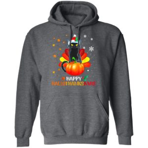Black Cat Halloween And Merry Christmas Happy Hallothanksmas T-Shirt