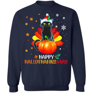 Black Cat Halloween And Merry Christmas Happy Hallothanksmas T-Shirt