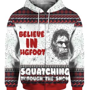 Believe In Bigfoot Squat Ching Through The Snow 3D Ugly Christmas Sweater Hoodie