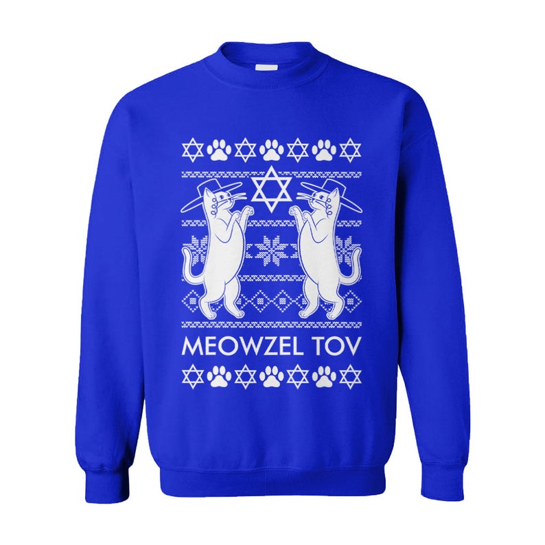 Meowzel Tov Cats Menorah Dreidel L’Chaim Ugly Hanukkah Sweater