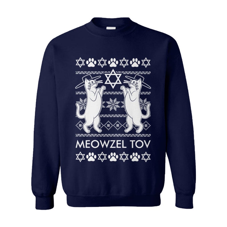 Meowzel Tov Cats Menorah Dreidel L’Chaim Ugly Hanukkah Sweater Meowzel Tov Cats Menorah Dreidel L’Chaim Ugly Hanukkah Sweater