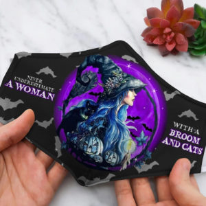 A Woman With A Broom And Cats Halloween Face Mask