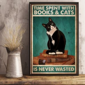 Black Cat Time Spent With Books And Cats Is Never Wasted Vintage Poster, Canvas