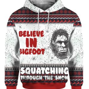 Believe In Bigfoot Squat Ching Through The Snow 3D Ugly Christmas Sweater Hoodie