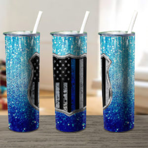 Blue Glitter Police Flag Thin Blue Skinny Tumbler