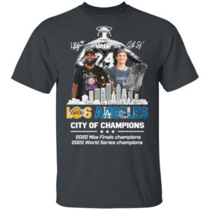 Kobe Bryant LeBron James and Corey Seager Los Angeles Lakers Dodgers City Of Champions 2020 Signatures Shirt