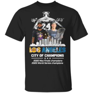 Kobe Bryant LeBron James and Corey Seager Los Angeles Lakers Dodgers City Of Champions 2020 Signatures Shirt