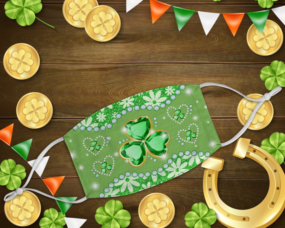 Green Diamond Printed Lucky Shamrock Face Mask