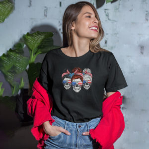 American Women USA Flag Messy Bun Skull Mom 4th Of July Shirt