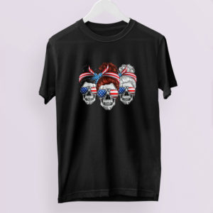 American Women USA Flag Messy Bun Skull Mom 4th Of July Shirt