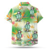 Sparrow wearing an orange hawaiian shirt button up shirt