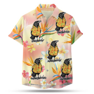 Crow wearing a Hawaiian shirt button up shirt