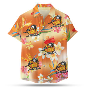 Sparrow wearing an orange hawaiian shirt button up shirt