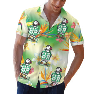 Puffin wearing a hawaiian shirt button up shirt