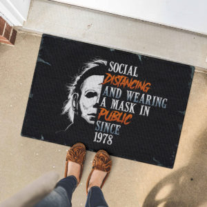 Michael Myers Social Distancing And Wearing A Mask In Public Since 1978 Halloween Doormat