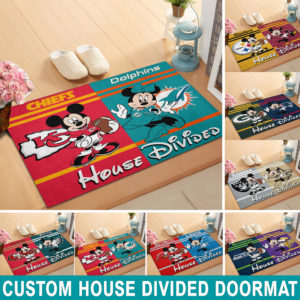 Custom House Divided NFL Doormat Mickey And Minnie Football Teams
