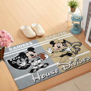 Oakland Raiders vs New Orleans Saints Mickey And Minnie Teams NFL House Divided Doormat