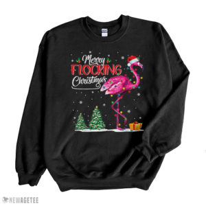 Black Sweatshirt Flamingo Pink In Santa Hat Xmas Merry Flocking Christmas Shirt