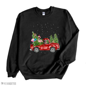 Three Flamingo Ride Red Truck Santa Hat  Christmas Sweatshirt