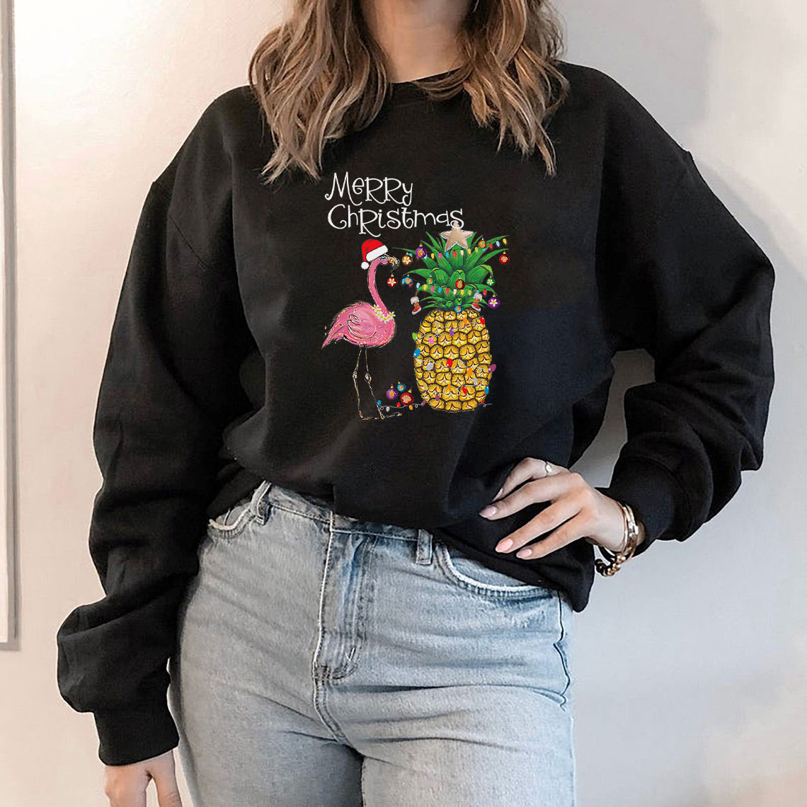 Merry Christmas Pink Flamingo Pineapple Sweatshirt Merry Christmas Pink Flamingo Pineapple Sweatshirt