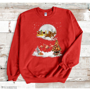 Red Sweatshirt Santa Riding Reindeer Flamingo Christmas T Shirt