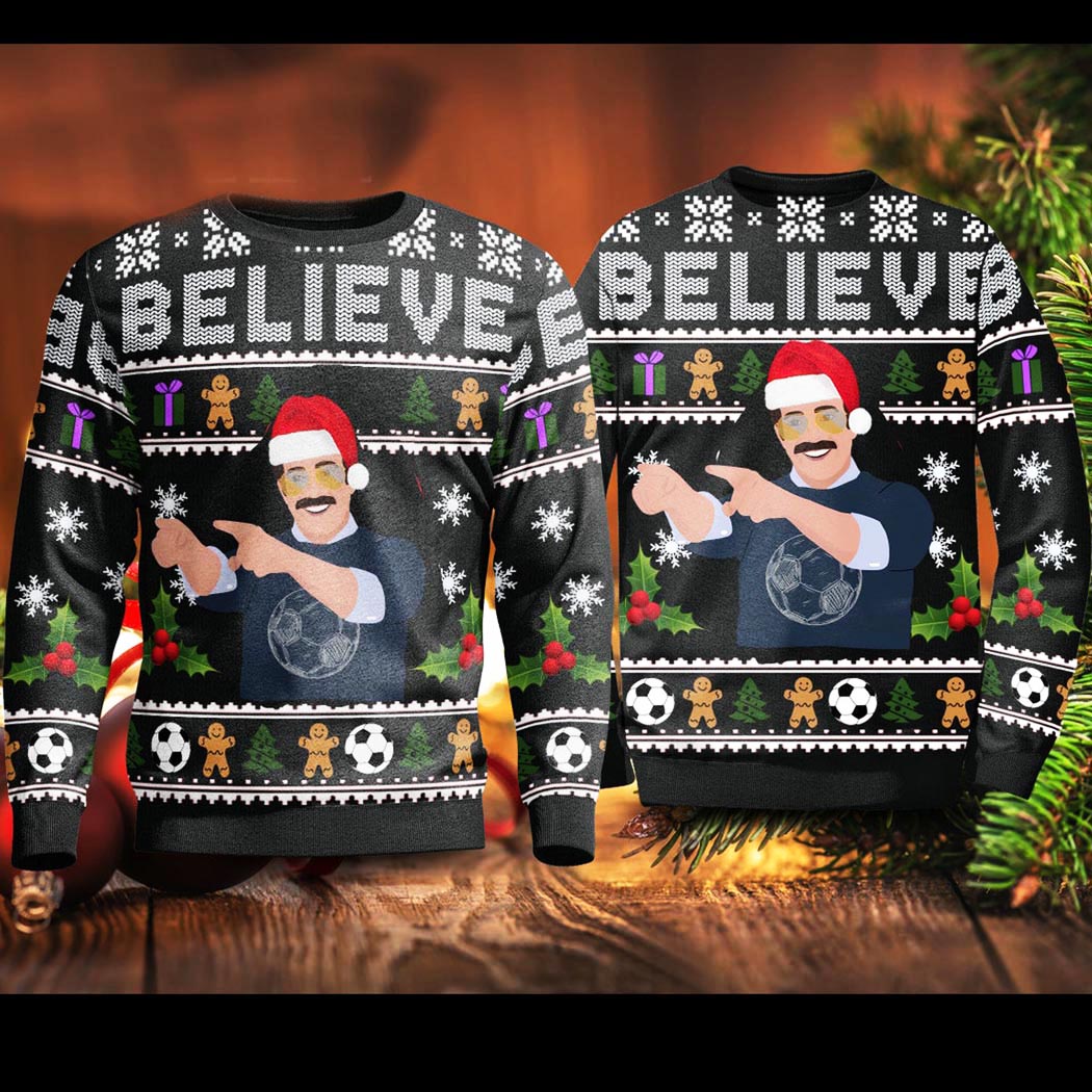 Christmas Believe Team Lasso Sweater Unisex Knit Wool Ugly Sweater Christmas Believe Team Lasso Sweater Unisex Knit Wool Ugly Sweater