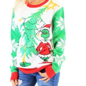 Dr Seuss Grinch As Santa Next To Tree Ugly Christmas Sweater Knit Wool Sweater 1