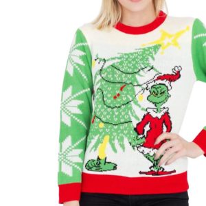 Dr Seuss Grinch As Santa Next To Tree Ugly Christmas Sweater Knit Wool Sweater