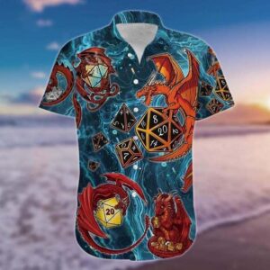 Amazing Lucky Dragon Playing Dice Blue Hawaiian Shirt, beach shorts