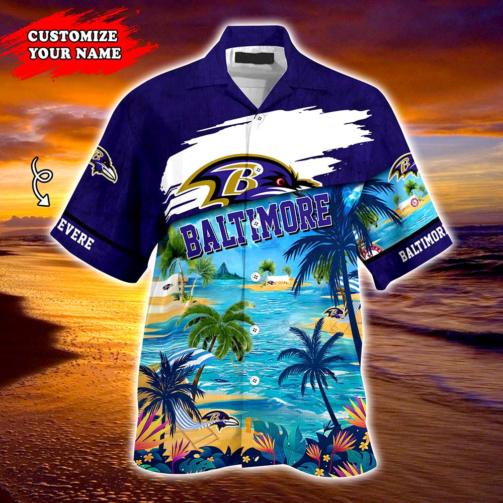 Baltimore Ravens NFL Personalized Hawaiian Shirt, beach shorts Baltimore Ravens NFL Personalized Hawaiian Shirt, beach shorts