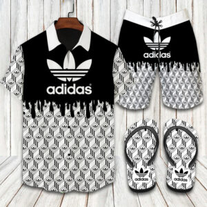 Adidas White Black Logo Pattern Hawaiian Shirt Shorts and Flip Flops Combo