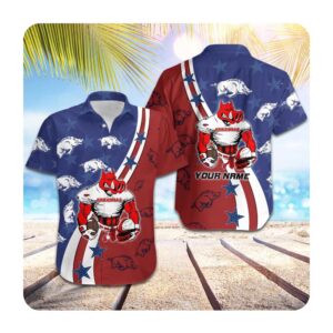 Arkansas Razorbacks American Flag Custom Name Men Women Hawaii Shirt Summer Button Up Shirt For Men Women