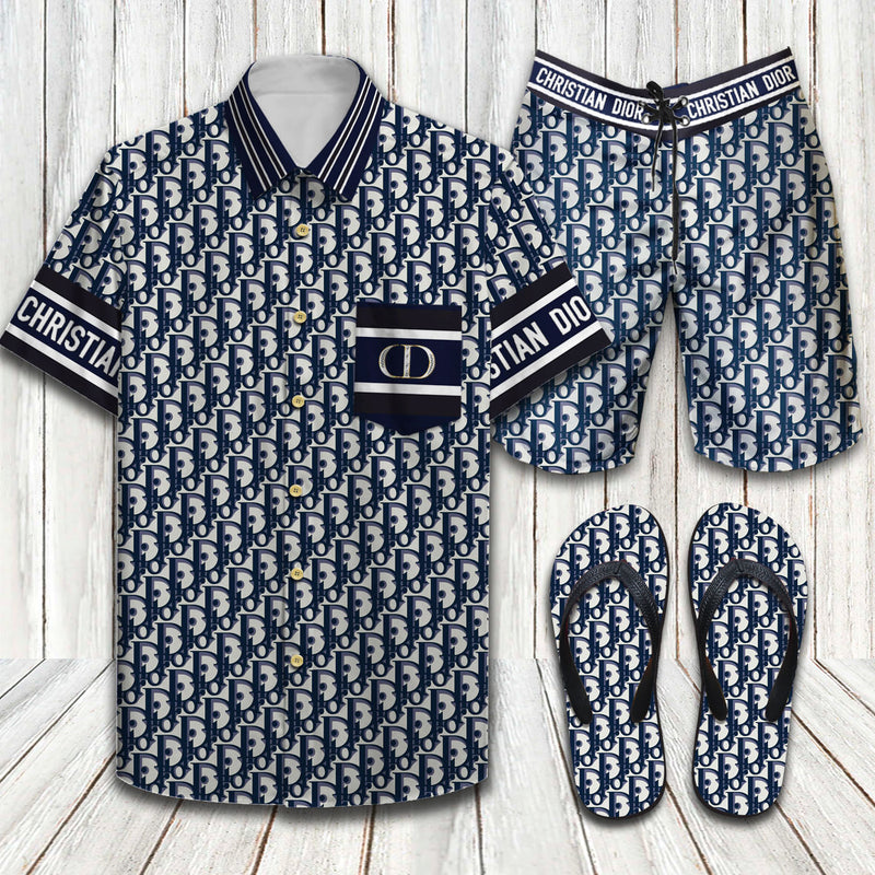 Dior Logo Pattern Luxury Brand Hawaiian Shirt Shorts and Flip Flops Combo
