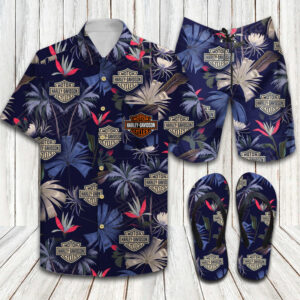 Harley Davidson Floral Hawaiian Shirt Shorts and Flip Flops Combo