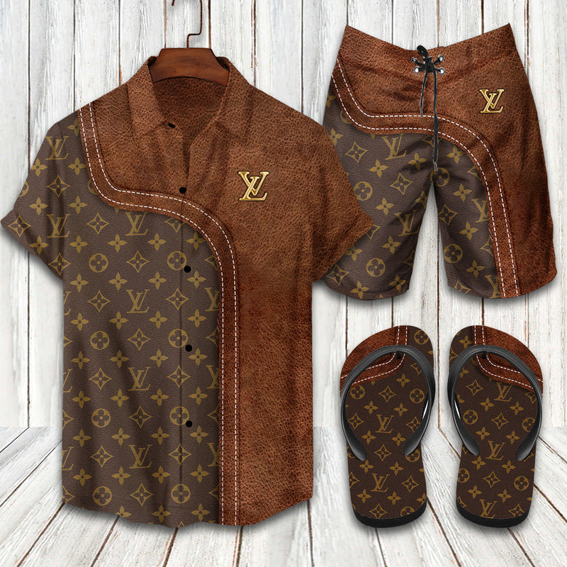 LV Monogram Two Color Mix Limited Hawaiian Shirt Shorts and Flip Flops Combo