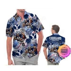 BYU Cougars America Flag Tropical Floral Aloha Hawaiian Shirt, Beach Shorts Custom Name For Men Women