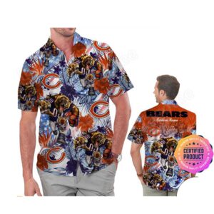 Chicago Bears America Flag Tropical Floral  Aloha Hawaiian Shirt, Beach Shorts Custom Name For Men Women