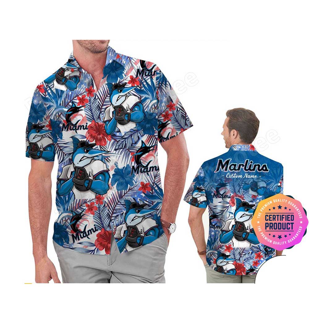 Miami Marlins America Flag Tropical Floral MLB Aloha Hawaiian Shirt, Beach Shorts Custom Name For Men Women Miami Marlins America Flag Tropical Floral MLB Aloha Hawaiian Shirt, Beach Shorts Custom Name For Men Women