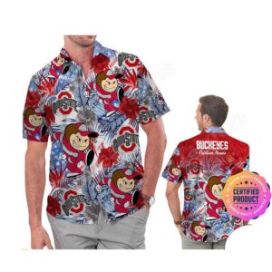 Ohio State Buckeyes America Flag Tropical Floral Aloha Hawaiian Shirt, Beach Shorts Custom Name For Men Women