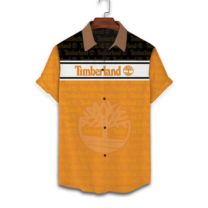 Timberland Logo Print Orange Hawaiian Shirt Shorts and Flip Flops Combo Timberland Logo Print Orange Hawaiian Shirt Shorts and Flip Flops Combo