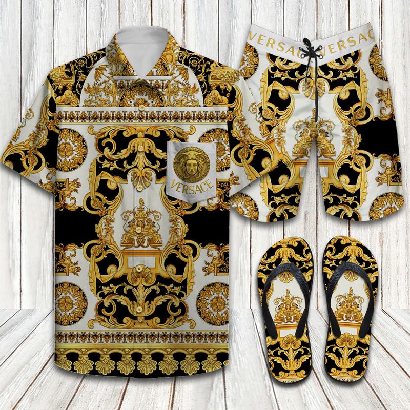 Versace Golden Luxury Brand Hawaiian Shirt Shorts and Flip Flops Combo Versace Golden Luxury Brand Hawaiian Shirt Shorts and Flip Flops Combo