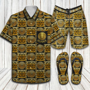 Versace Gothic Pattern Luxury Brand Hawaiian Shirt Shorts and Flip Flops Combo