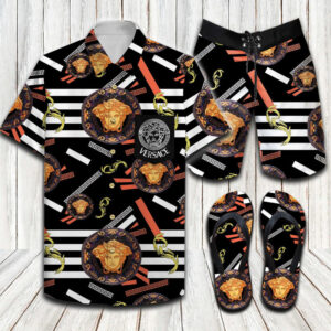 Versace Golden Medusa White Stripe Luxury Brand Brand Hawaiian Shirt Shorts and Flip Flops Combo Versace Golden Medusa White Stripe Luxury Brand Brand Hawaiian Shirt Shorts and Flip Flops Combo