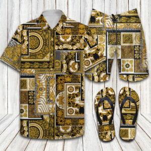 Versace Barocco Mosaic Print Luxury Brand Hawaiian Shirt Shorts and Flip Flops Combo